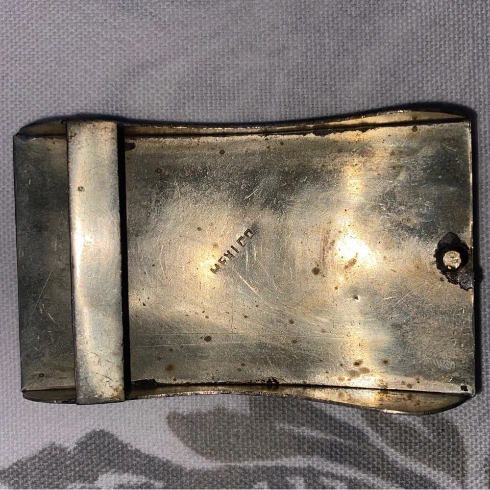 MEXICO ALPACA AZTEC CALENDAR SILVER MOTHER OF PEARL‎ BELT BUCKLE
